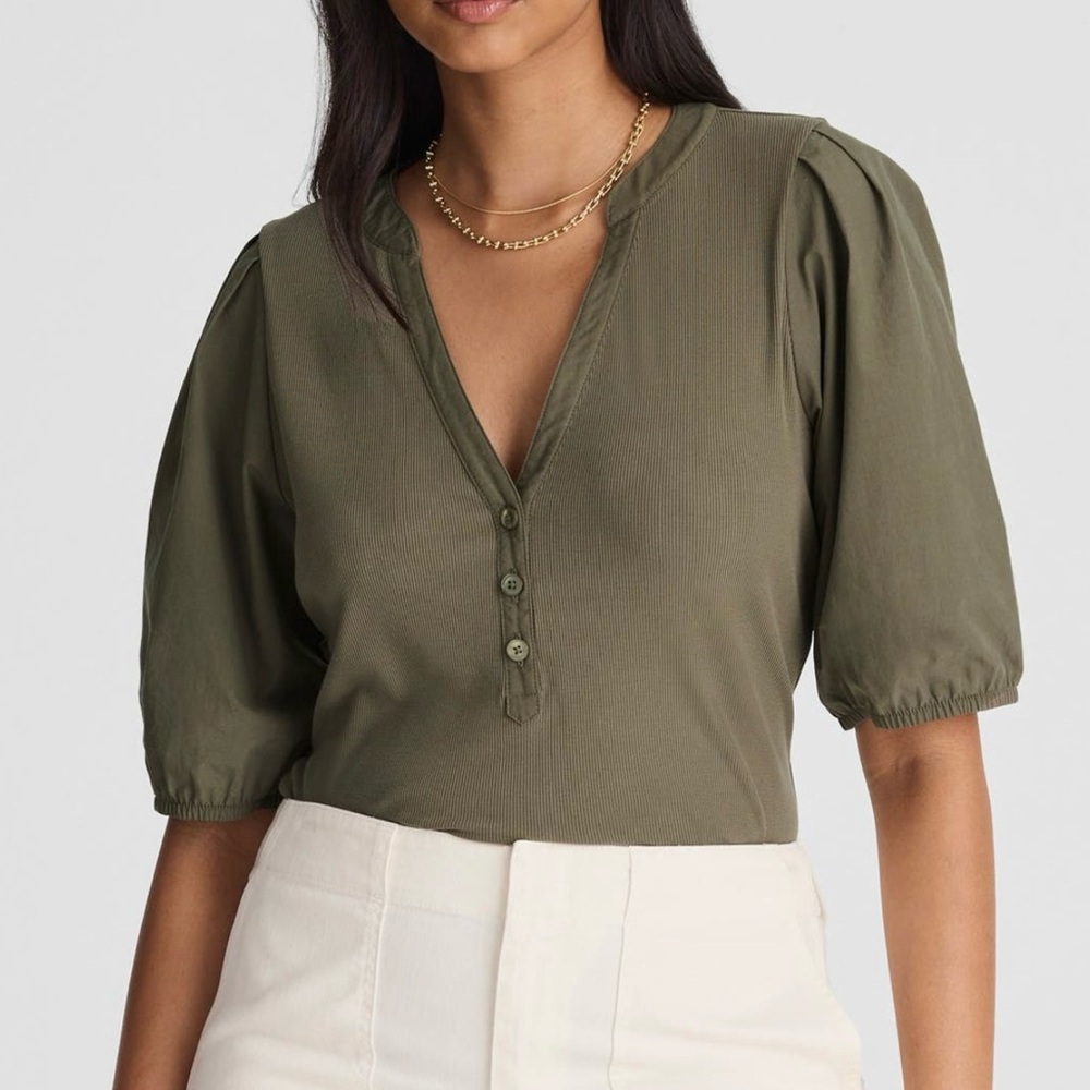 Madewell Ribbed Puff Sleeve Henley Knit Top | Faded Olive | Size XS NWT